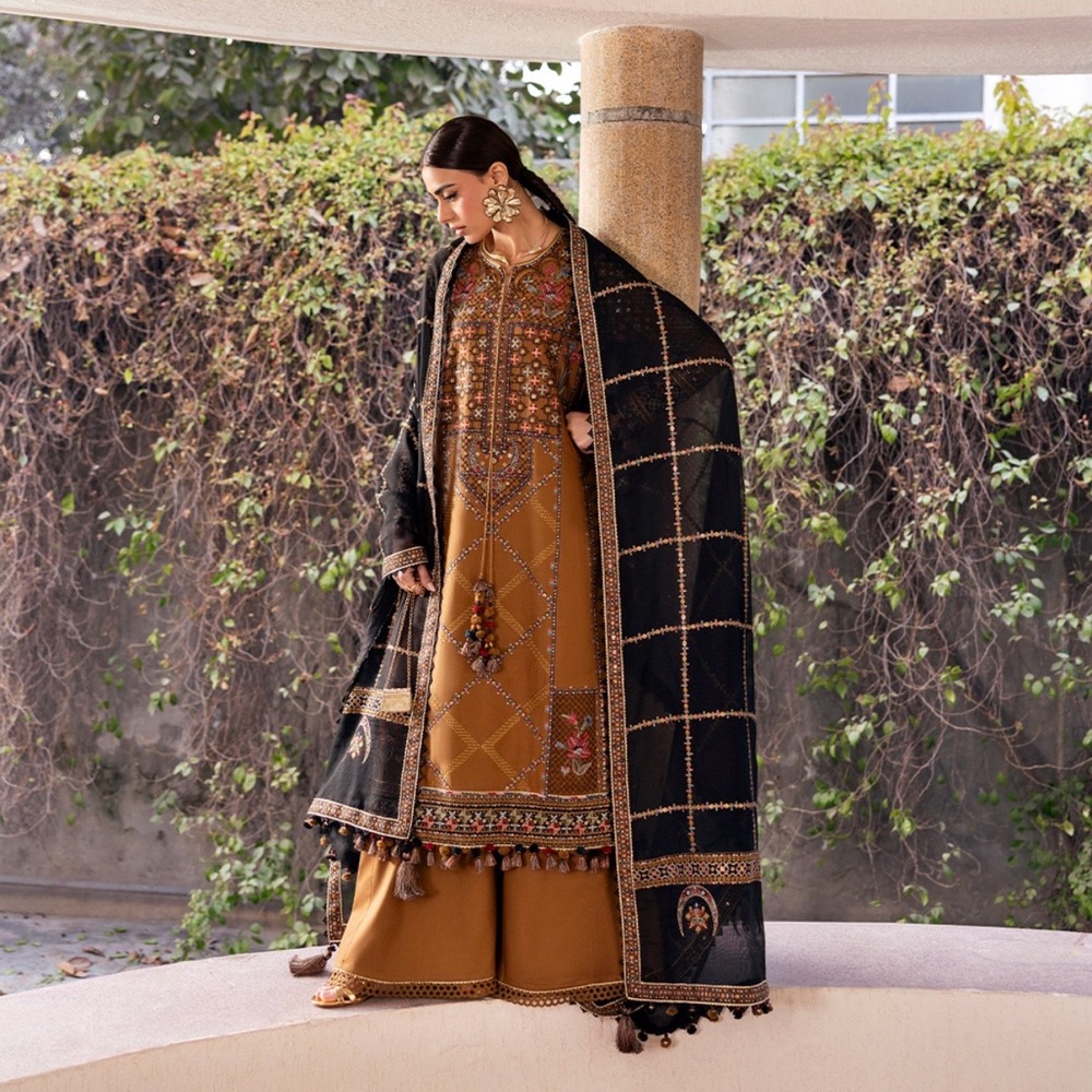 Embroidered Long Sleeve Women’s Dress with Shawl - Mustard